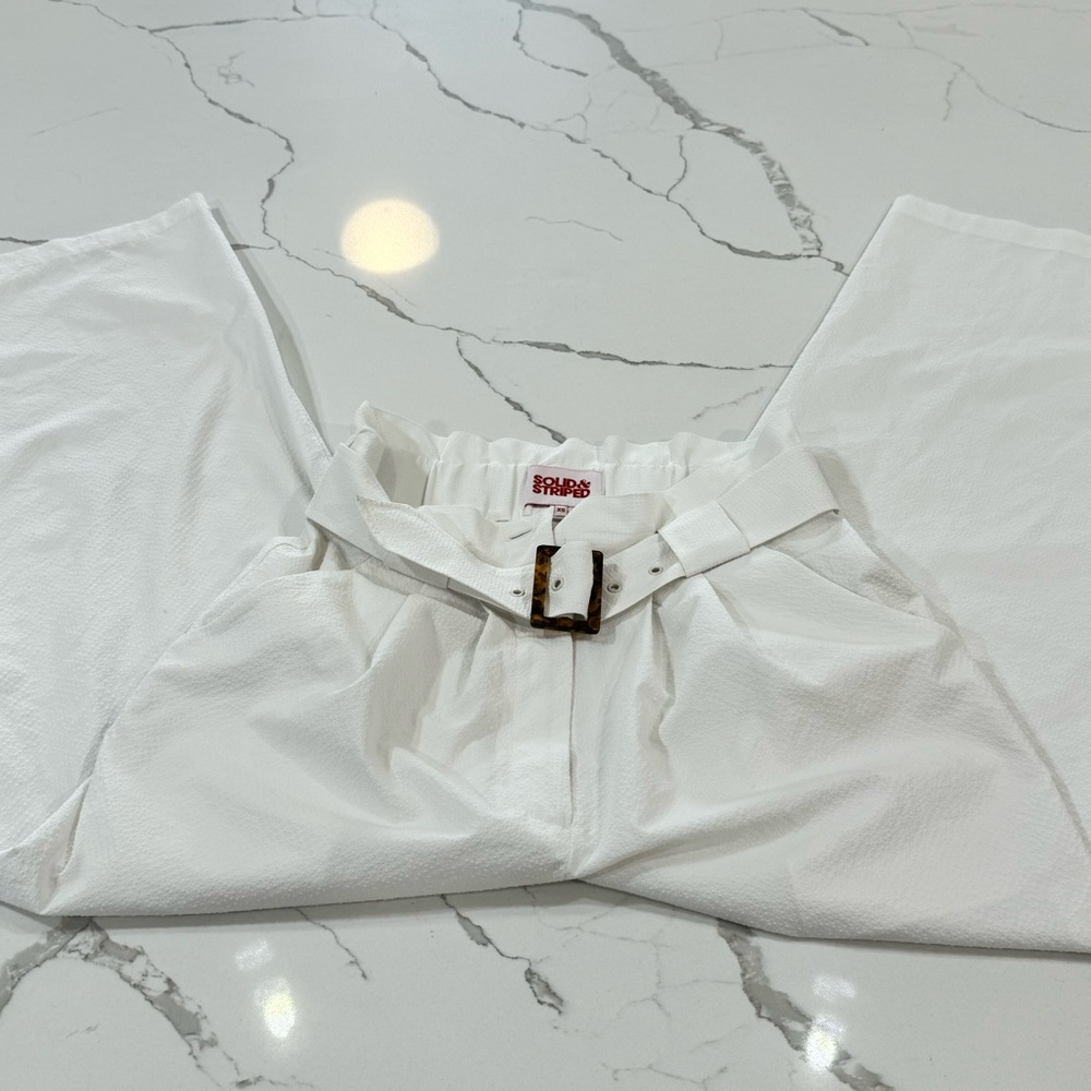 NWT Solid and Striped Womens Paperbag Pants High Rise Wide Leg Belted White XS